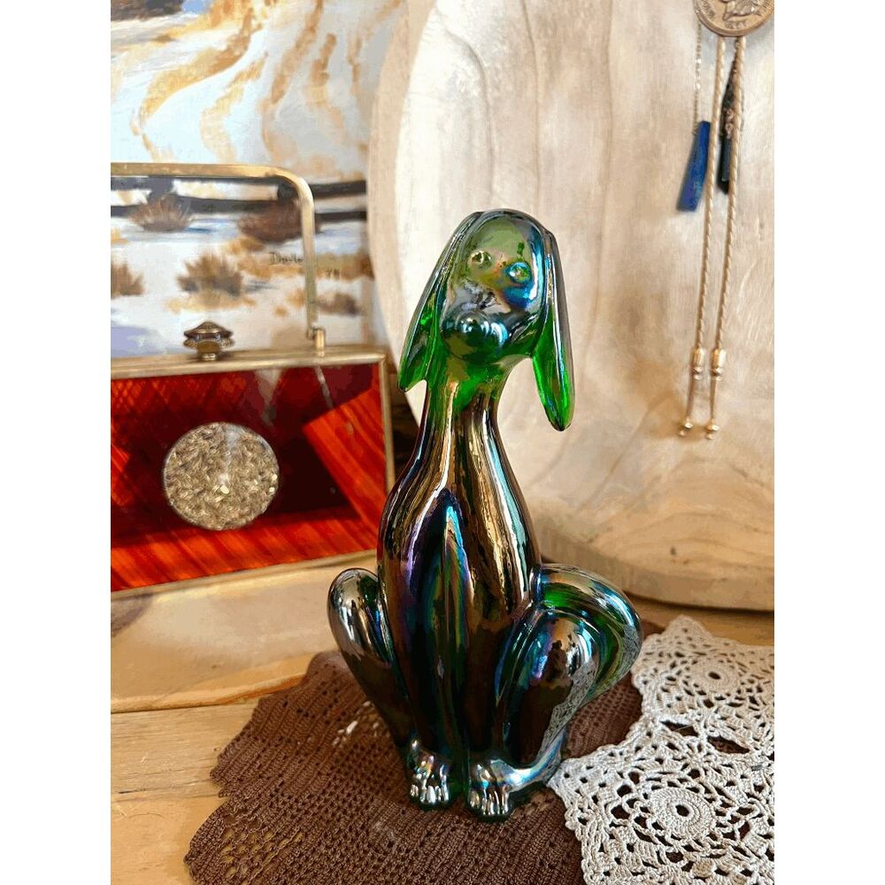 Viking Glass Mould Epic Dog Figurine Shiny Green Carnival Glass Hound by Mosser
